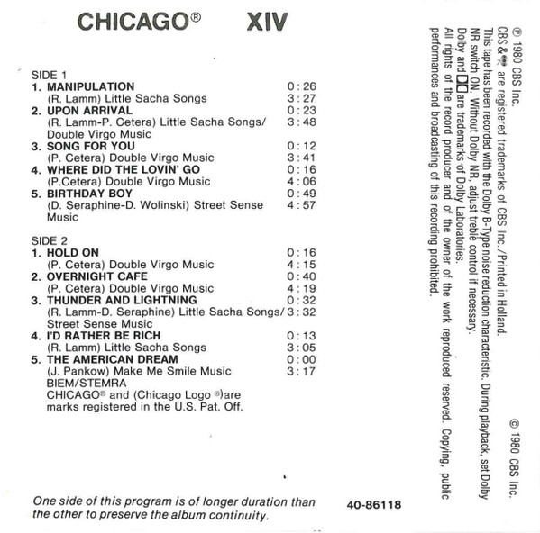 Chicago XIV - Cassetten-Inlay Rückseite Placeholder image